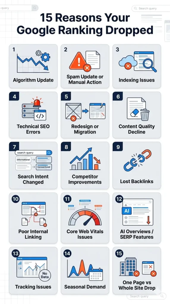 Infographic showing 15 reasons why Google rankings drop suddenly