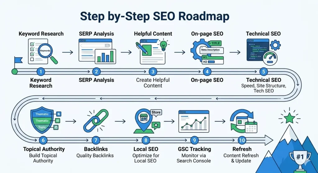 SEO roadmap showing how to get first page ranking on Google through keyword research, content, technical SEO, and backlinks