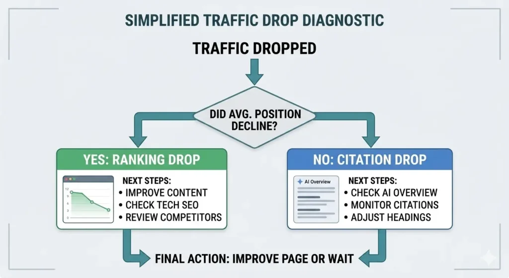 AI Overview traffic drop checklist for identifying citation loss, ranking changes and technical SEO problems