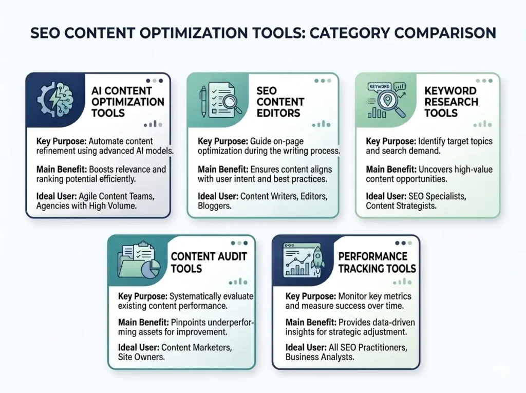 Comparison of content optimization tools for on-page SEO, keyword research, audits and performance tracking