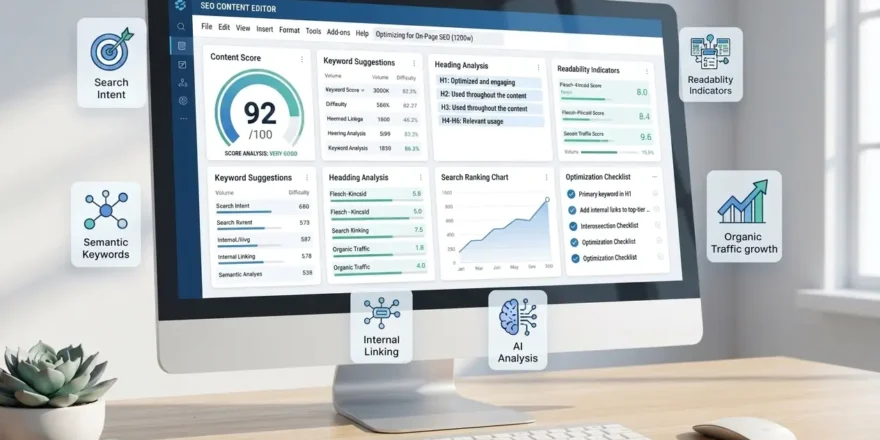 Content optimization tools for on-page SEO showing keyword analysis, content scoring and ranking improvements