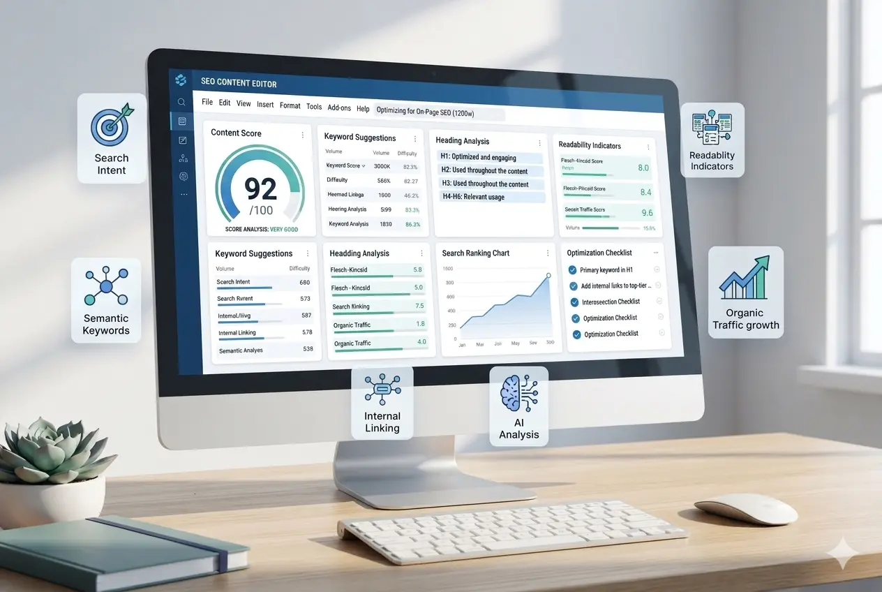 Content optimization tools for on-page SEO showing keyword analysis, content scoring and ranking improvements