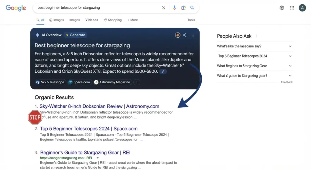 Google AI Overview displaying an AI-generated answer with cited sources above regular organic search results