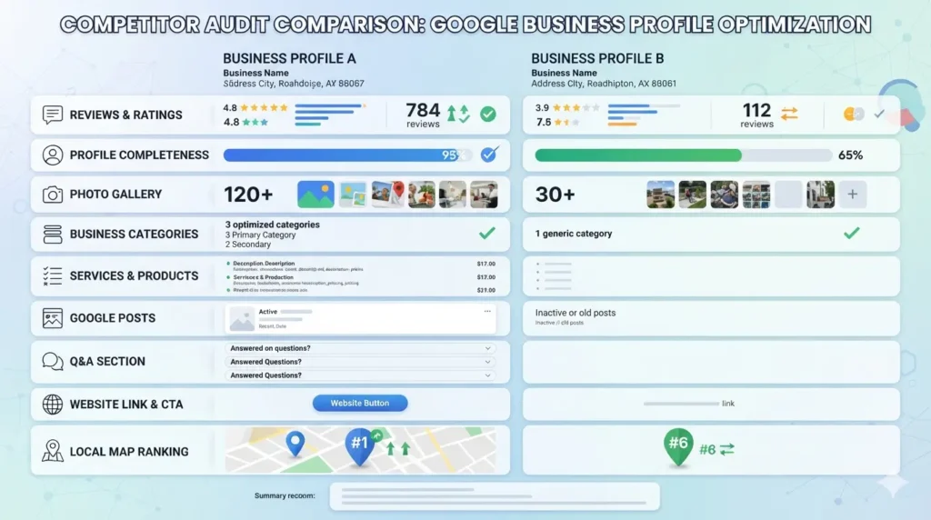 Google Business Profile competitor audit comparing reviews photos categories posts and services