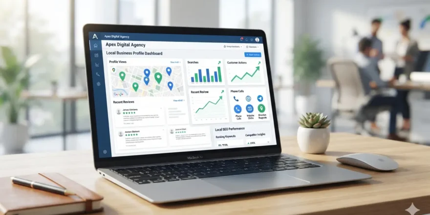 Google Business Profile Optimization dashboard with Google Maps ranking and local SEO elements