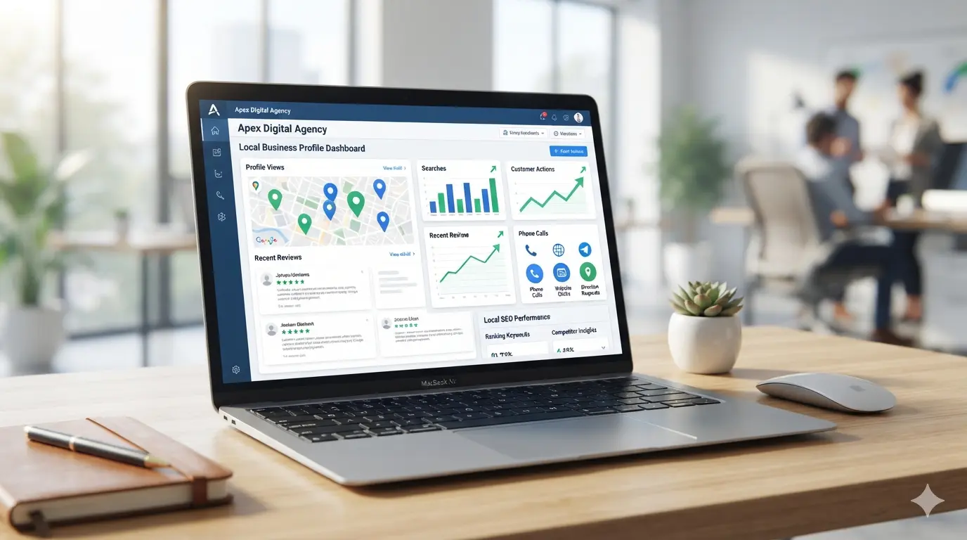 Google Business Profile Optimization dashboard with Google Maps ranking and local SEO elements