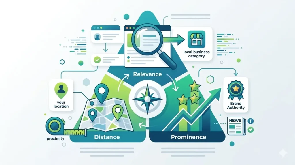 Google local ranking factors showing relevance distance and prominence for Google Business Profile SEO