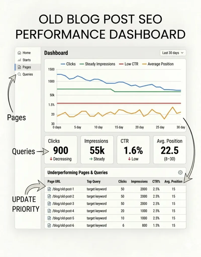 Google Search Console workflow for finding blog posts to update for SEO.
