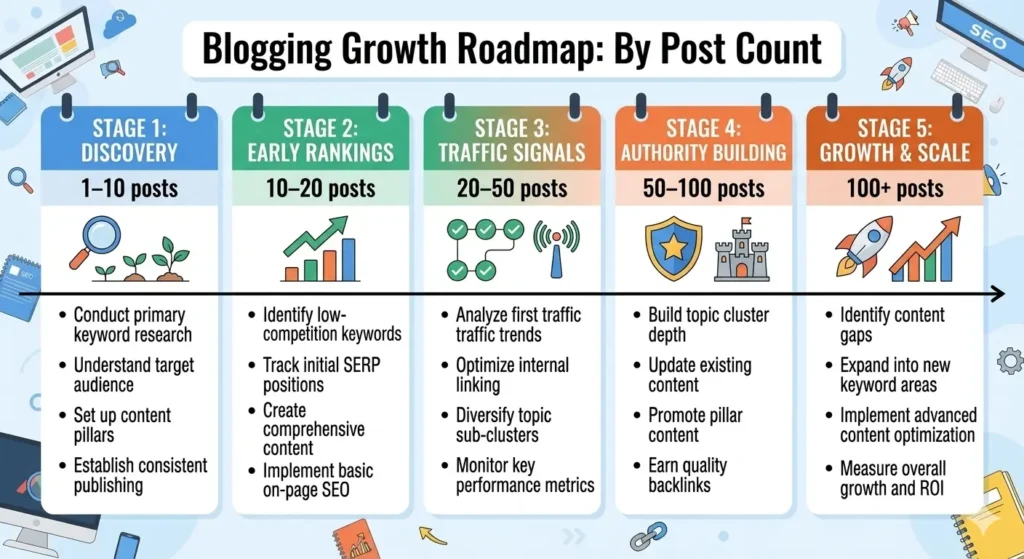 Timeline showing how many blog posts before traffic starts from Google search.