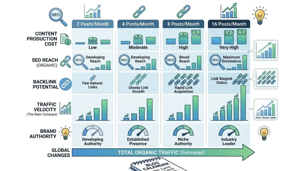Chart explaining how many blog posts per month are suitable for different SEO growth goals.