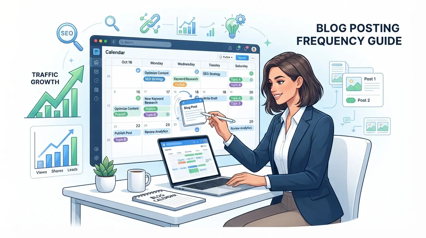How many blogs is a good amount for SEO, shown with a content calendar and blog growth chart.