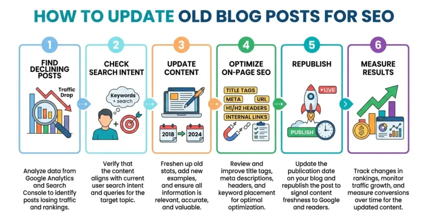How to update old blog posts for SEO using a six-step content refresh workflow.