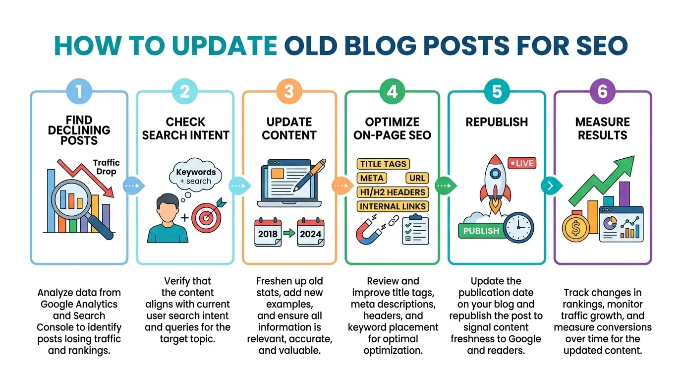 How to update old blog posts for SEO using a six-step content refresh workflow.