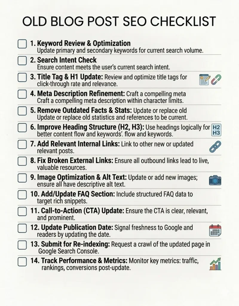 Old blog post SEO checklist for updating outdated content and improving rankings.