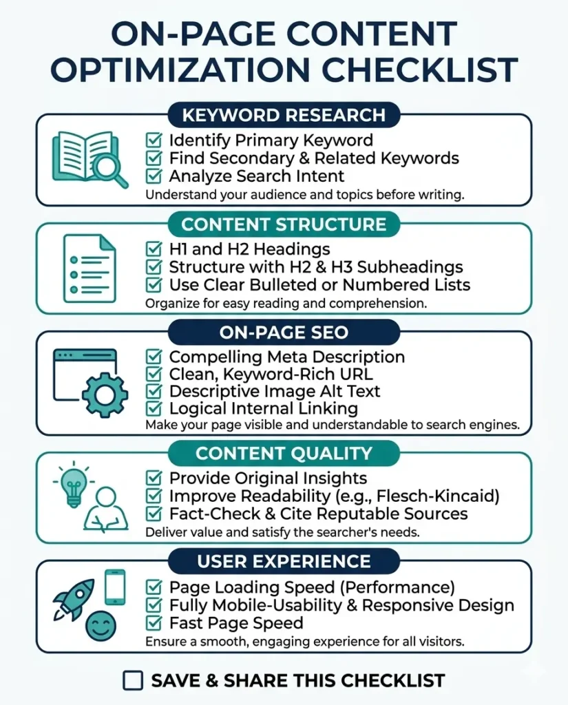 Content optimization tools for on-page SEO checklist covering keywords, structure, links and readability