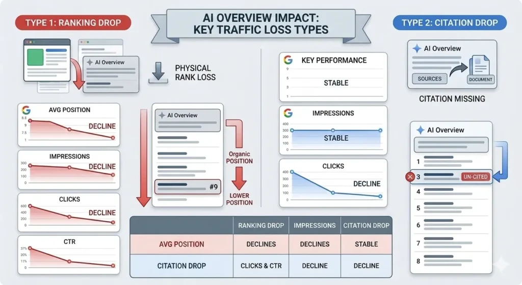 Comparison of an SEO ranking drop and an AI Overview citation drop using clicks, impressions, CTR and average position