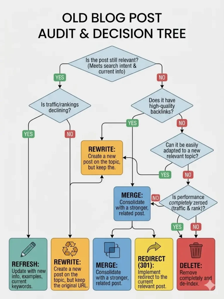 Decision tree for deciding whether to refresh, rewrite, merge, redirect, or delete old blog posts.
