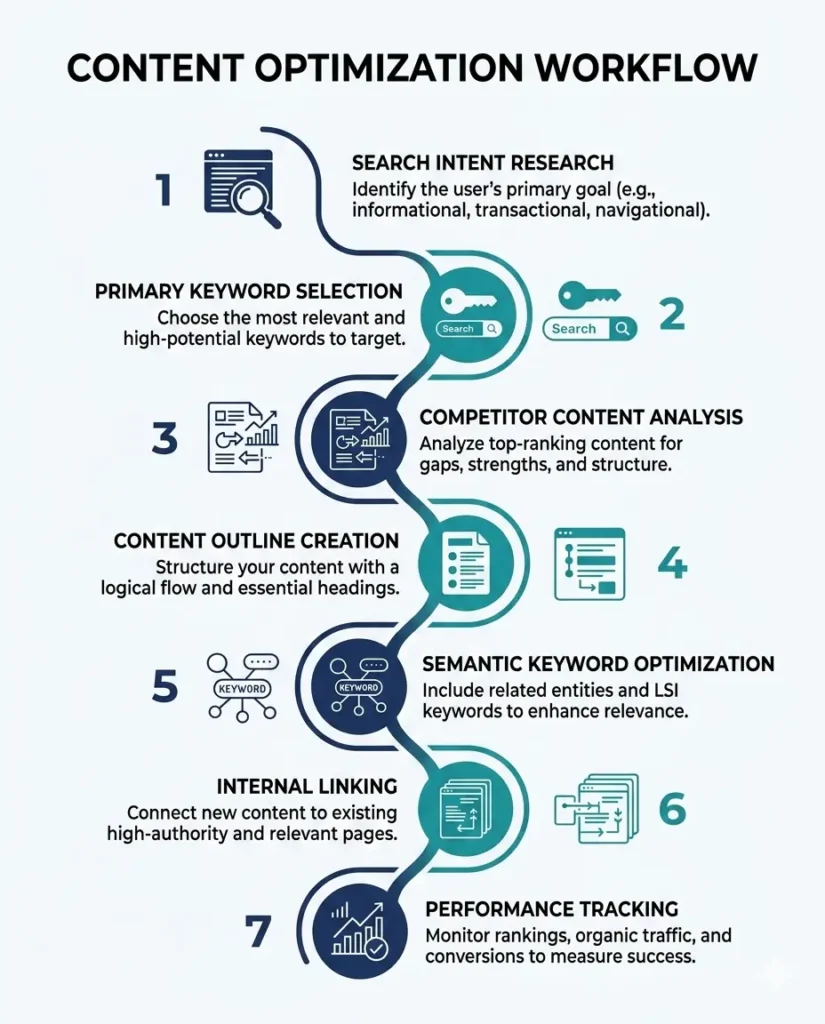 Content optimization tools for on-page SEO workflow from keyword research to performance tracking