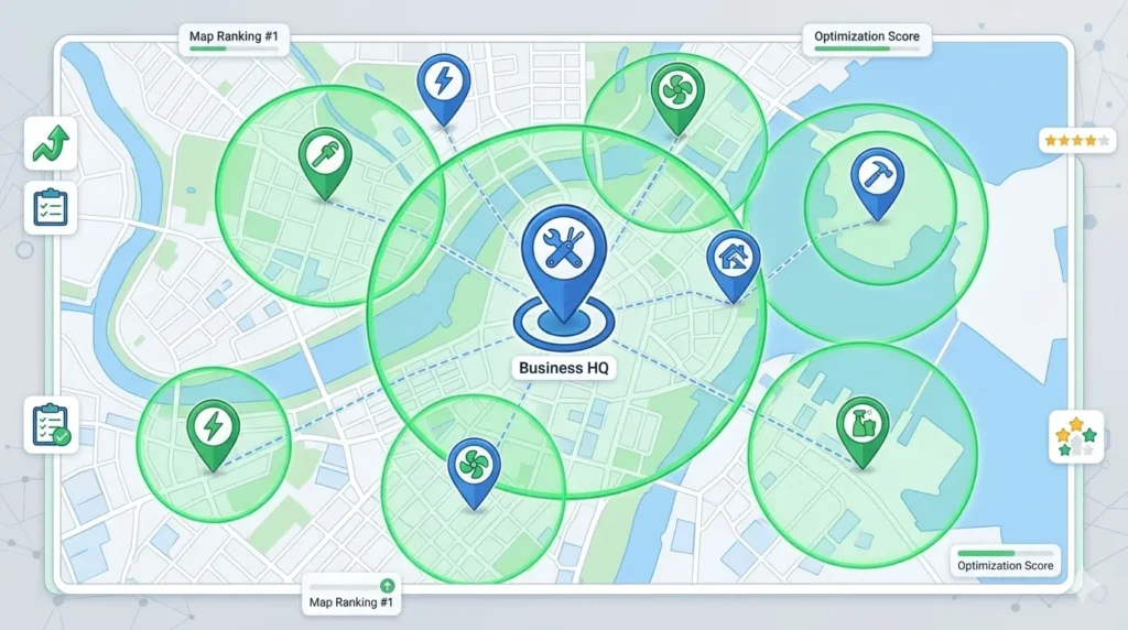 Service-area business Google Maps SEO strategy with local service area pins