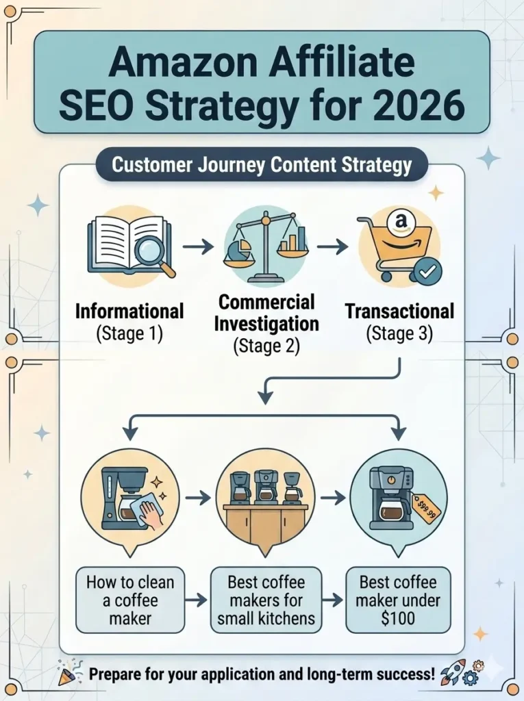 Amazon affiliate SEO content funnel from informational to transactional search intent