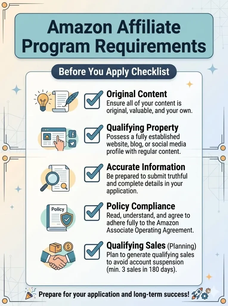 Amazon affiliate program requirements checklist for new Associates