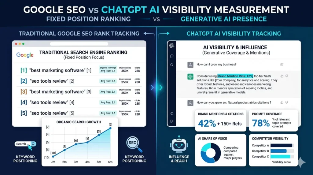 Comparison of traditional Google keyword rank tracking and ChatGPT AI visibility tracking
