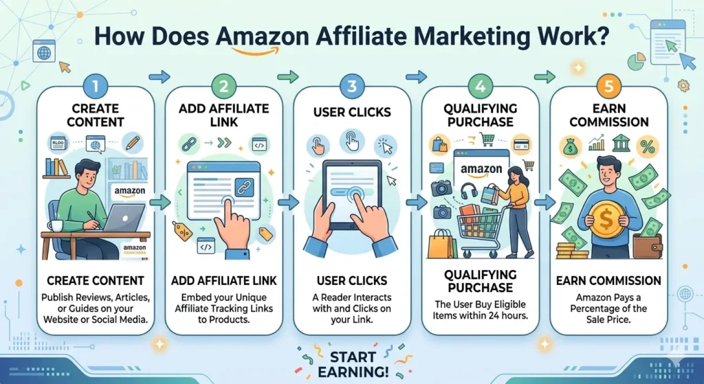 How Amazon affiliate marketing works from content to qualifying purchase and commission