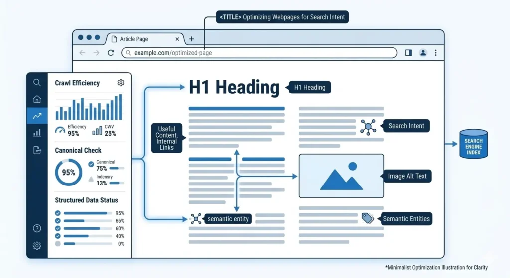 On-page SEO elements including content, headings and internal links