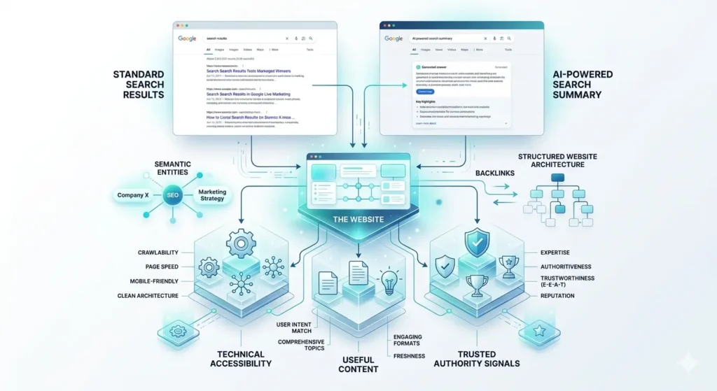 SEO pillars supporting visibility in traditional and AI search