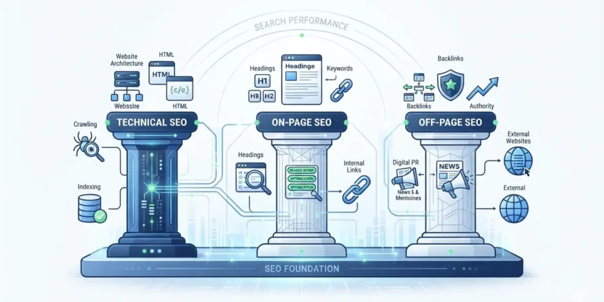 Three pillars of SEO: technical, on-page and off-page SEO