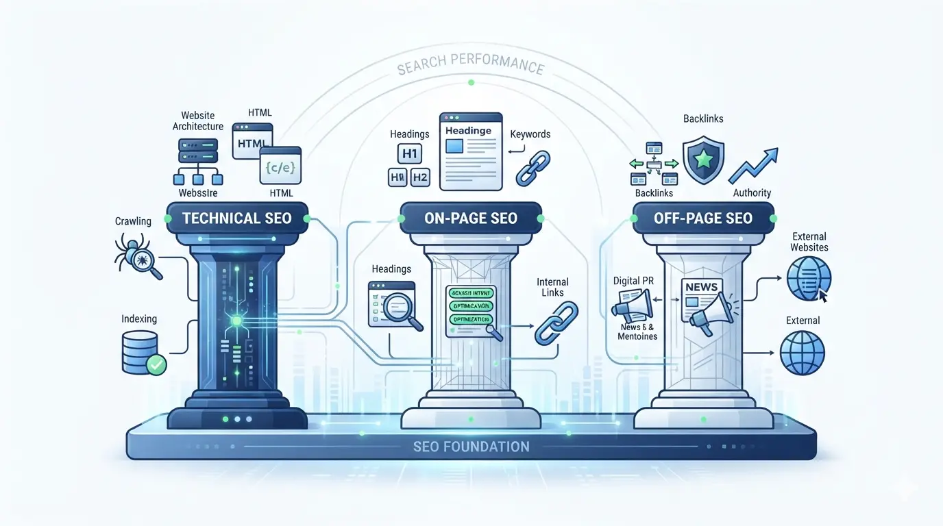 Three pillars of SEO: technical, on-page and off-page SEO