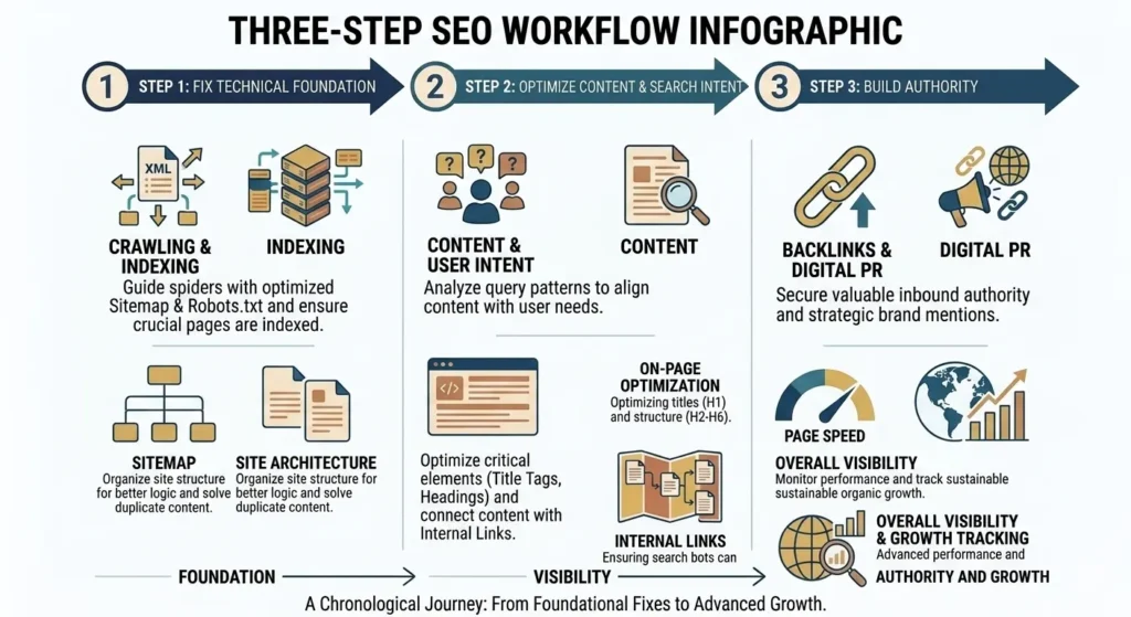 Three-step SEO strategy from technical optimization to authority building