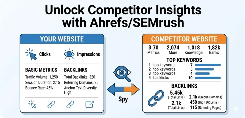 Competitor keyword gap analysis diagram comparing website traffic, backlink metrics, and keyword rankings using Ahrefs and SEMrush