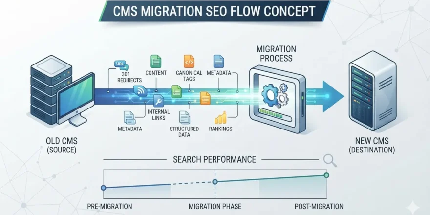 CMS migration SEO process showing URLs, redirects, content and search signals moving from an old CMS to a new CMS