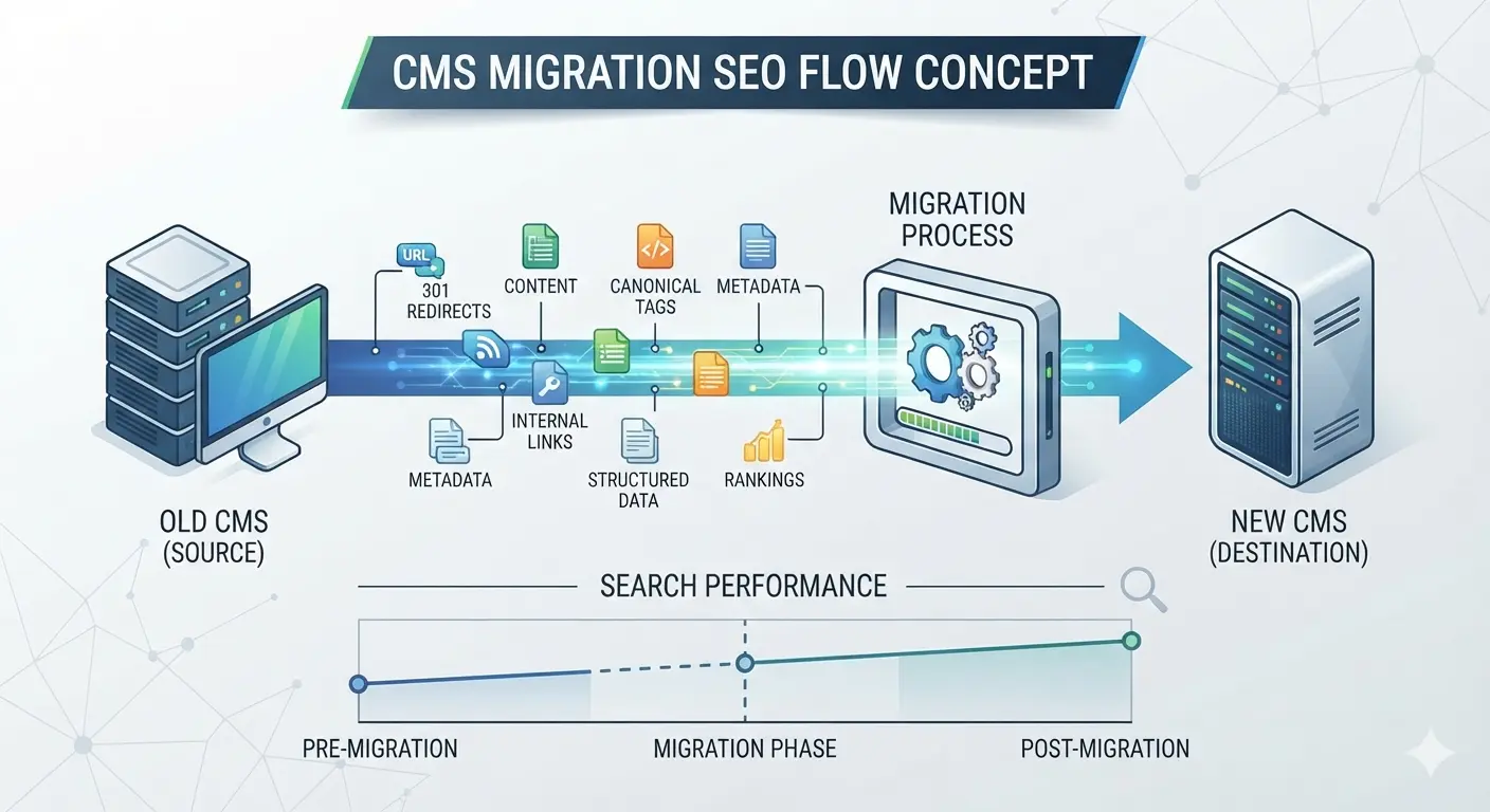 CMS migration SEO process showing URLs, redirects, content and search signals moving from an old CMS to a new CMS