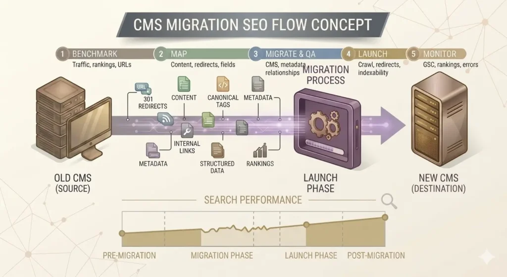 Five-phase CMS migration SEO plan covering benchmarking, URL mapping, migration, launch and post-migration monitoring