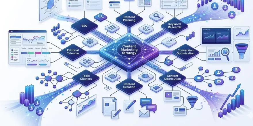 Content marketing strategy illustration showing content pillars, topic clusters, SEO optimization, AI search, editorial planning, analytics, and content distribution.