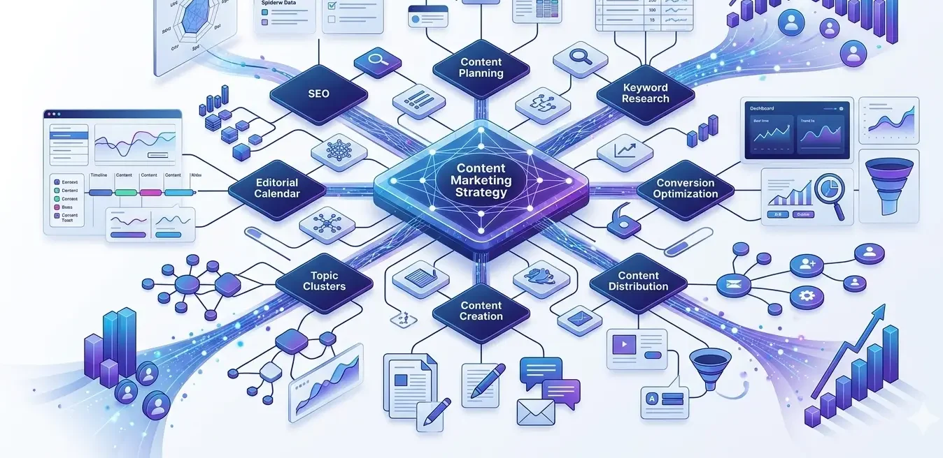 Content marketing strategy illustration showing content pillars, topic clusters, SEO optimization, AI search, editorial planning, analytics, and content distribution.