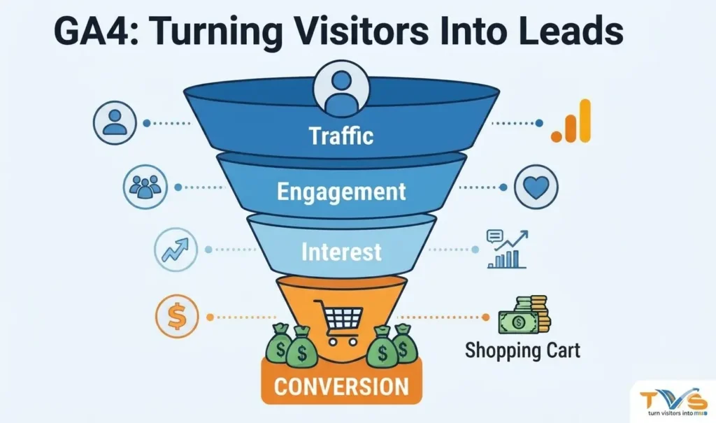 Google Analytics 4 marketing funnel illustration showing traffic turning into engagement, interest, and shopping cart sales conversions