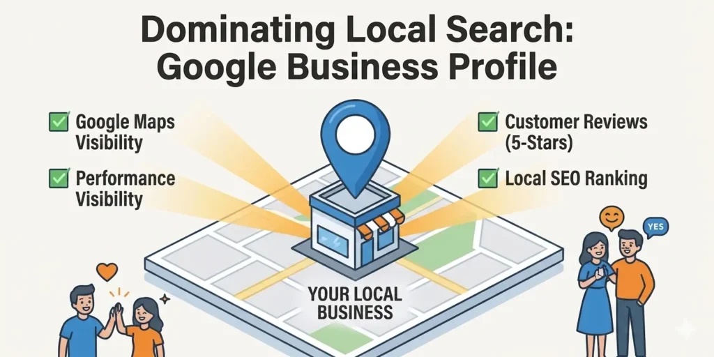 Google Business Profile local SEO map pin illustration highlighting customer 5-star reviews and local search visibility for small businesses