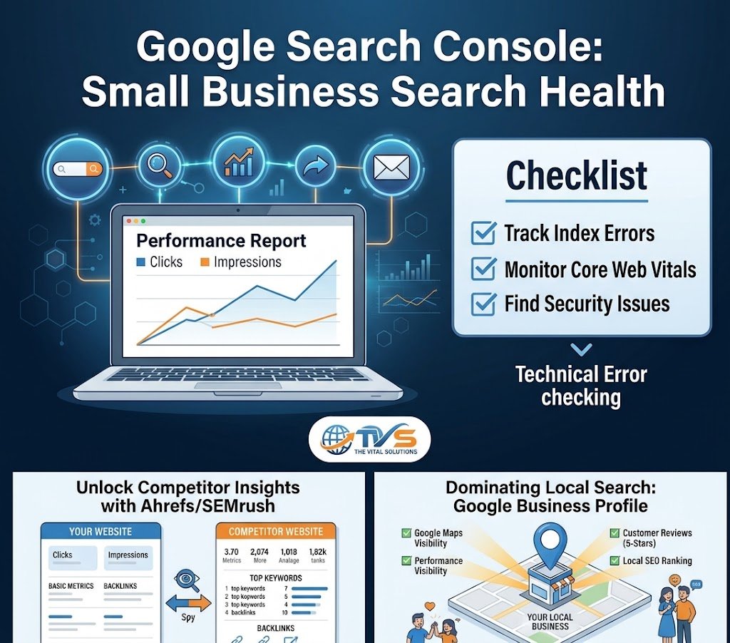 Google Search Console dashboard diagram showing performance report clicks, impressions, and technical indexation checklist for small business websites