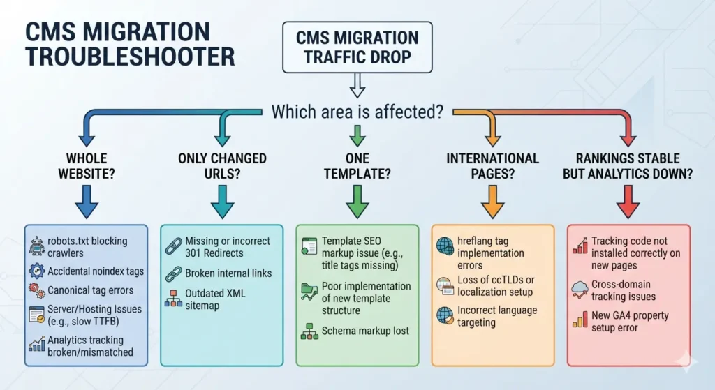 Decision tree for diagnosing website traffic drops after a CMS migration based on redirects, indexing, templates and tracking