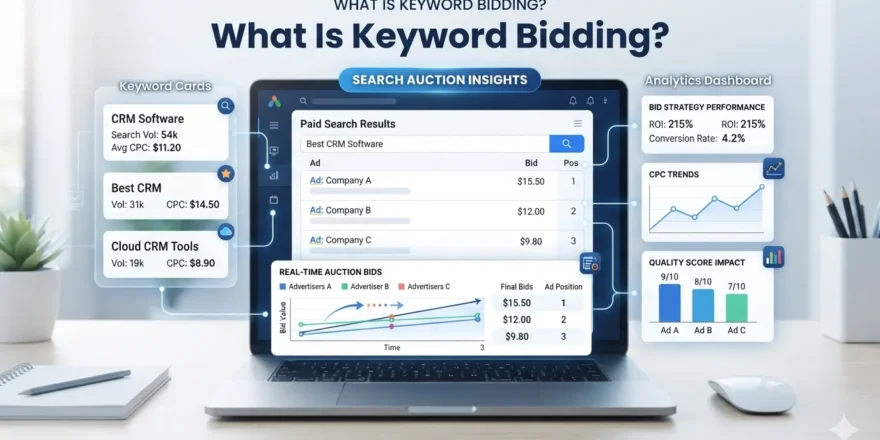 What is keyword bidding guide showing Google Ads keyword auction and PPC bid strategy