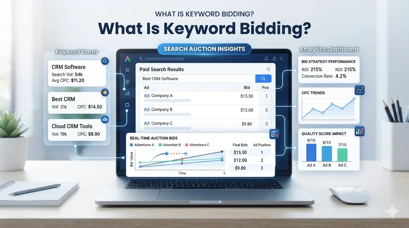 What is keyword bidding guide showing Google Ads keyword auction and PPC bid strategy