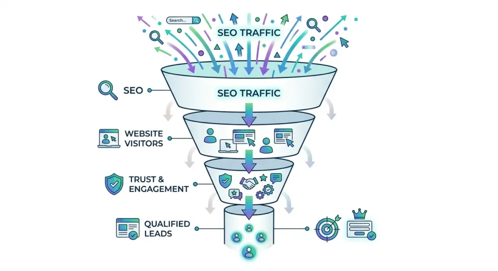 Website lead generation funnel showing how visitors convert into qualified leads